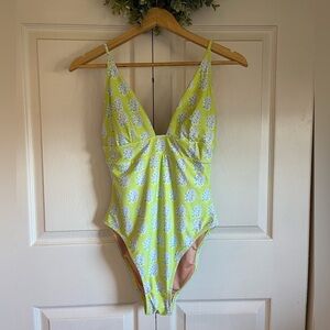 SZ Blockprints x J. Crew neon green and paisley print one piece swimsuit